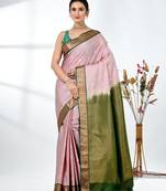 elegant pale pink south silk blend saree with green zari border