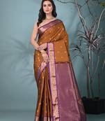 elegant ochre yellow south silk blend saree with green zari border