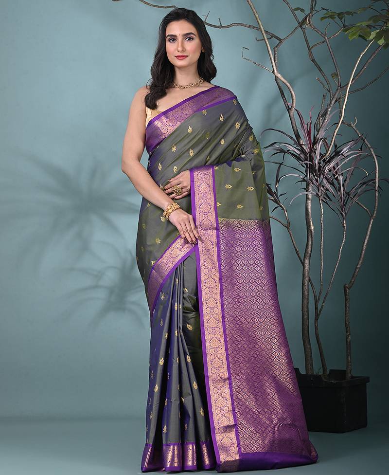 elegant olive south silk blend saree with green zari border