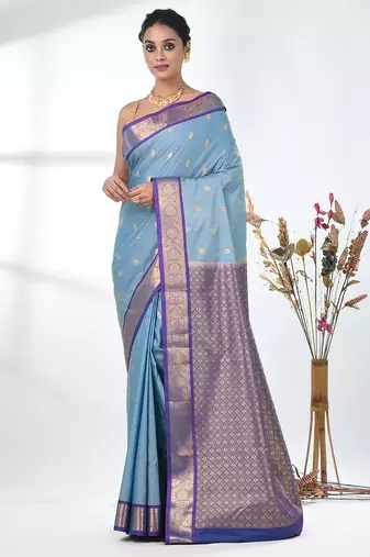 elegant sky blue south silk blend saree with green zari border