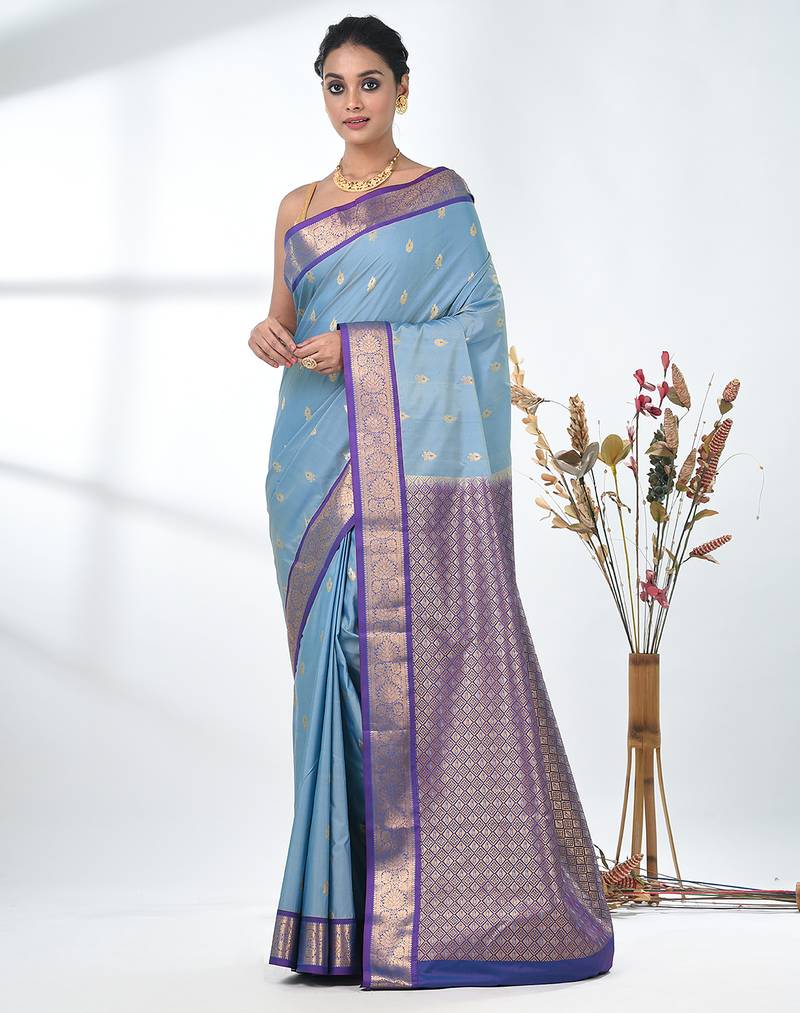 elegant sky blue south silk blend saree with green zari border