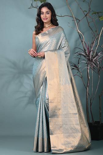 exquisite sky blue tissue brocade saree with intricate zari work