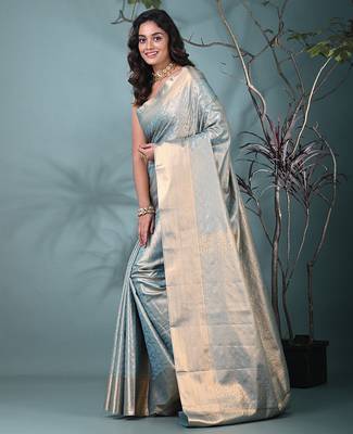 exquisite sky blue tissue brocade saree with intricate zari work 2