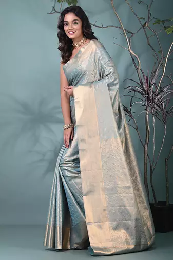 exquisite sky blue tissue brocade saree with intricate zari work