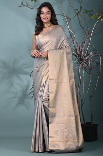 exquisite grey tissue brocade saree with intricate zari work