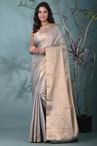 exquisite grey tissue brocade saree with intricate zari work