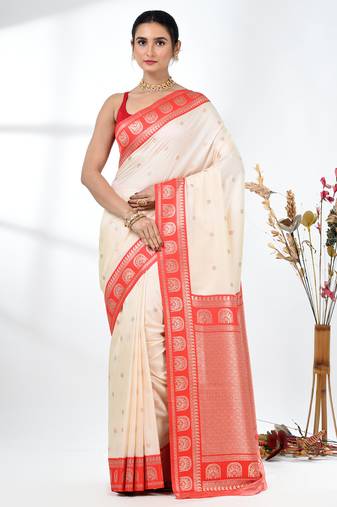 elegant off-white tussar silk blend saree with red zari border