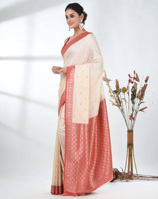 elegant off-white tussar silk blend saree with red zari border 2