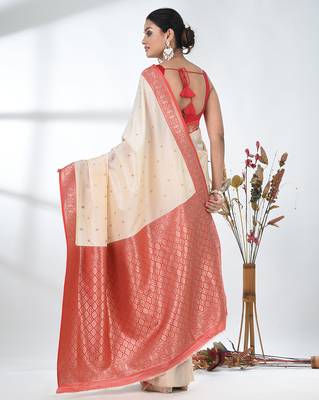 elegant off-white tussar silk blend saree with red zari border 3