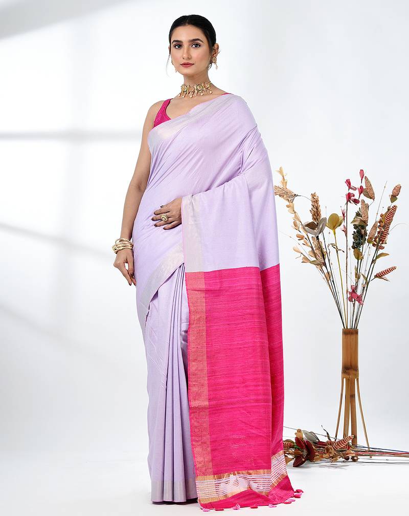 lavender viscose saree with gheecha pallu and golden border