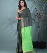 emerald green viscose saree with gheecha pallu and golden border