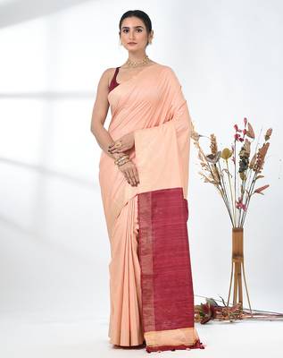 peach viscose saree with gheecha pallu and golden border 1