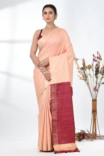 peach viscose saree with gheecha pallu and golden border