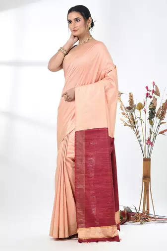 peach viscose saree with gheecha pallu and golden border