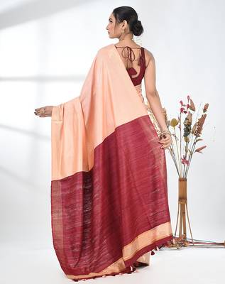 peach viscose saree with gheecha pallu and golden border 3