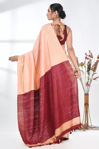 peach viscose saree with gheecha pallu and golden border