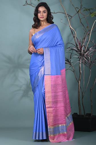 blue viscose saree with gheecha pallu and golden border
