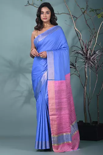 blue viscose saree with gheecha pallu and golden border