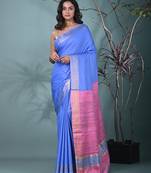 blue viscose saree with gheecha pallu and golden border