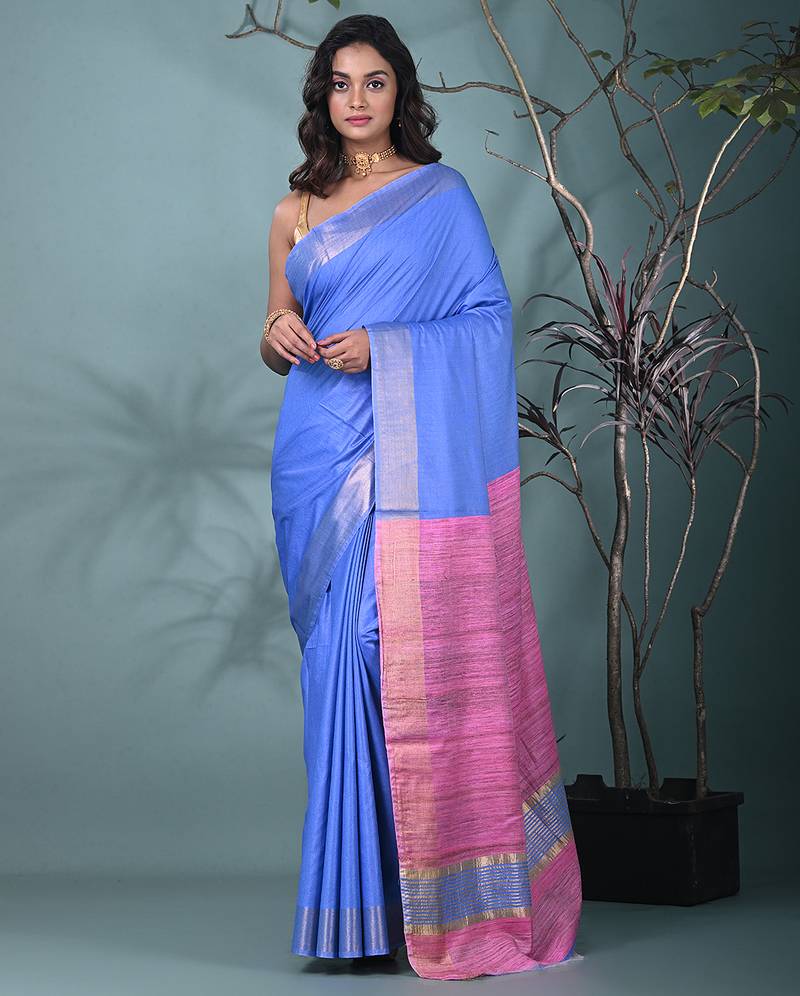 blue viscose saree with gheecha pallu and golden border
