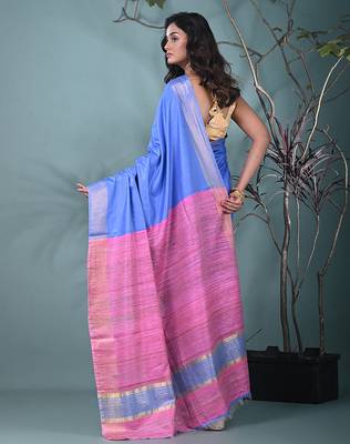 blue viscose saree with gheecha pallu and golden border 3
