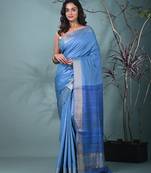 baby blue viscose saree with gheecha pallu and golden border