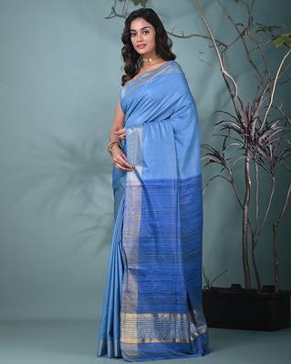 baby blue viscose saree with gheecha pallu and golden border 2