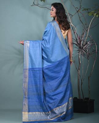 baby blue viscose saree with gheecha pallu and golden border 3