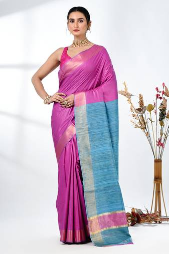 pink viscose saree with gheecha pallu and golden border