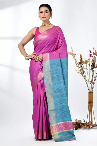 pink viscose saree with gheecha pallu and golden border
