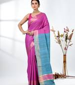 pink viscose saree with gheecha pallu and golden border