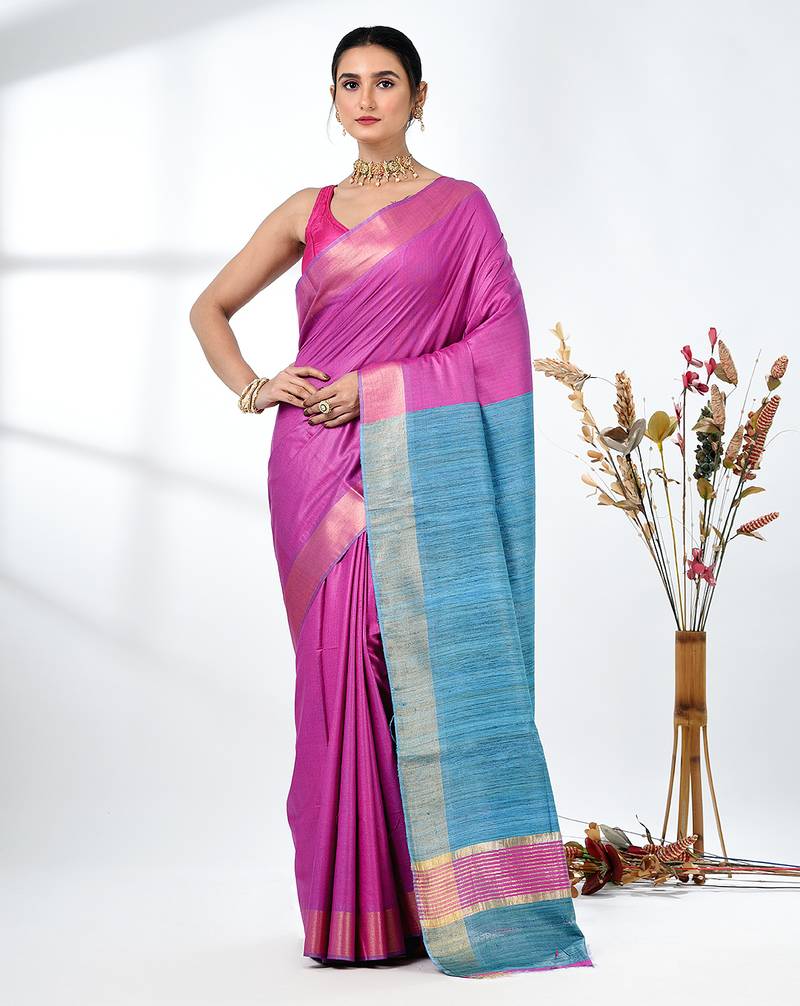 pink viscose saree with gheecha pallu and golden border