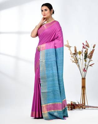 pink viscose saree with gheecha pallu and golden border 2