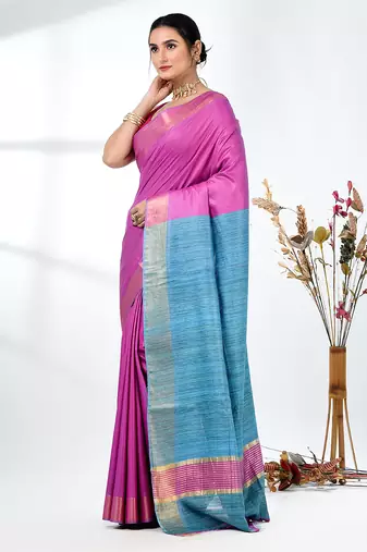 pink viscose saree with gheecha pallu and golden border
