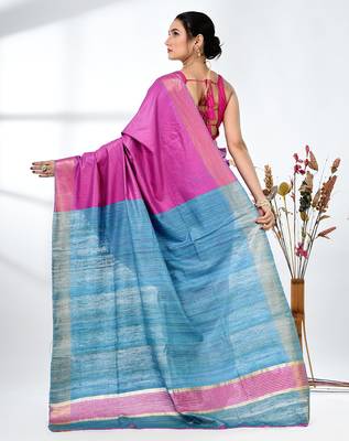 pink viscose saree with gheecha pallu and golden border 3