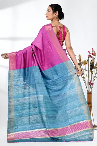 pink viscose saree with gheecha pallu and golden border