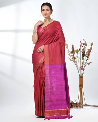 dark red viscose saree with gheecha pallu and golden border 1
