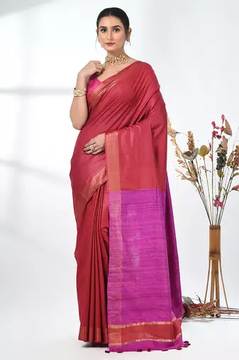 dark red viscose saree with gheecha pallu and golden border