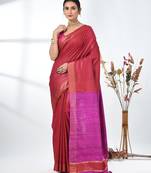 dark red viscose saree with gheecha pallu and golden border
