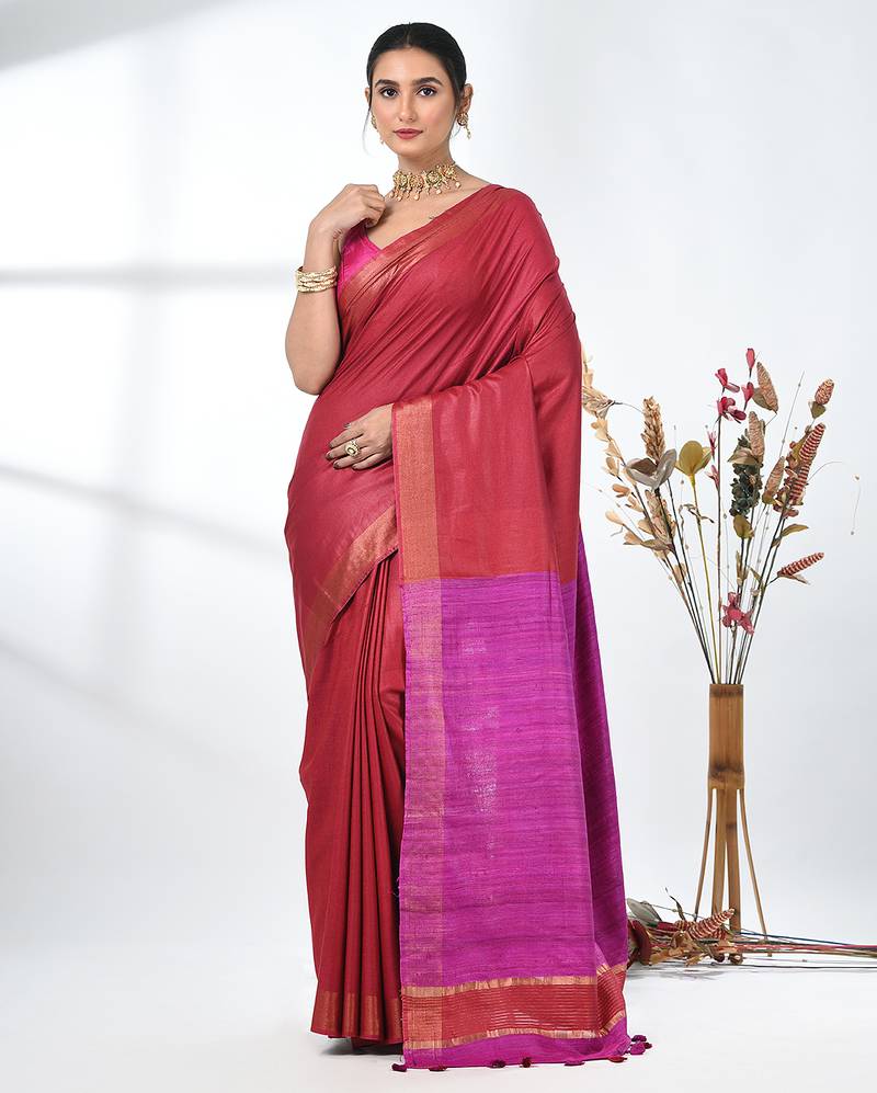 dark red viscose saree with gheecha pallu and golden border