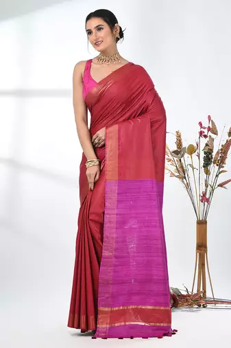 dark red viscose saree with gheecha pallu and golden border