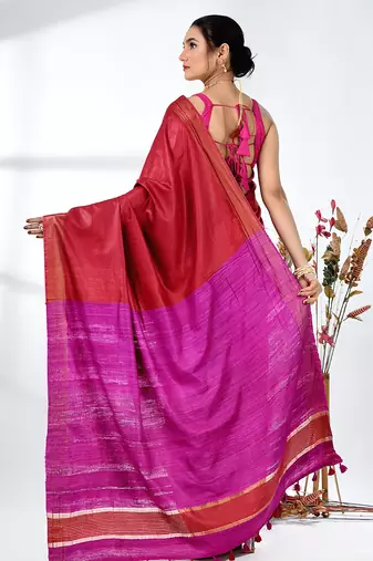 dark red viscose saree with gheecha pallu and golden border