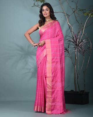 elegant pink art silk saree with checkered design 1