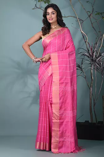 elegant pink art silk saree with checkered design