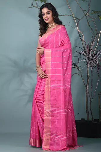 elegant pink art silk saree with checkered design