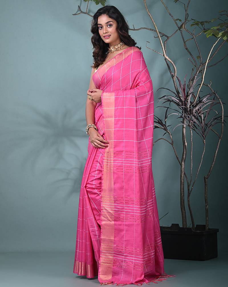 elegant pink art silk saree with checkered design