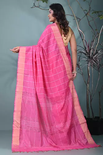 elegant pink art silk saree with checkered design