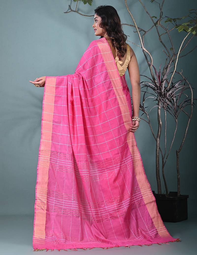 elegant pink art silk saree with checkered design