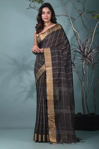 elegant brown art silk saree with checkered design