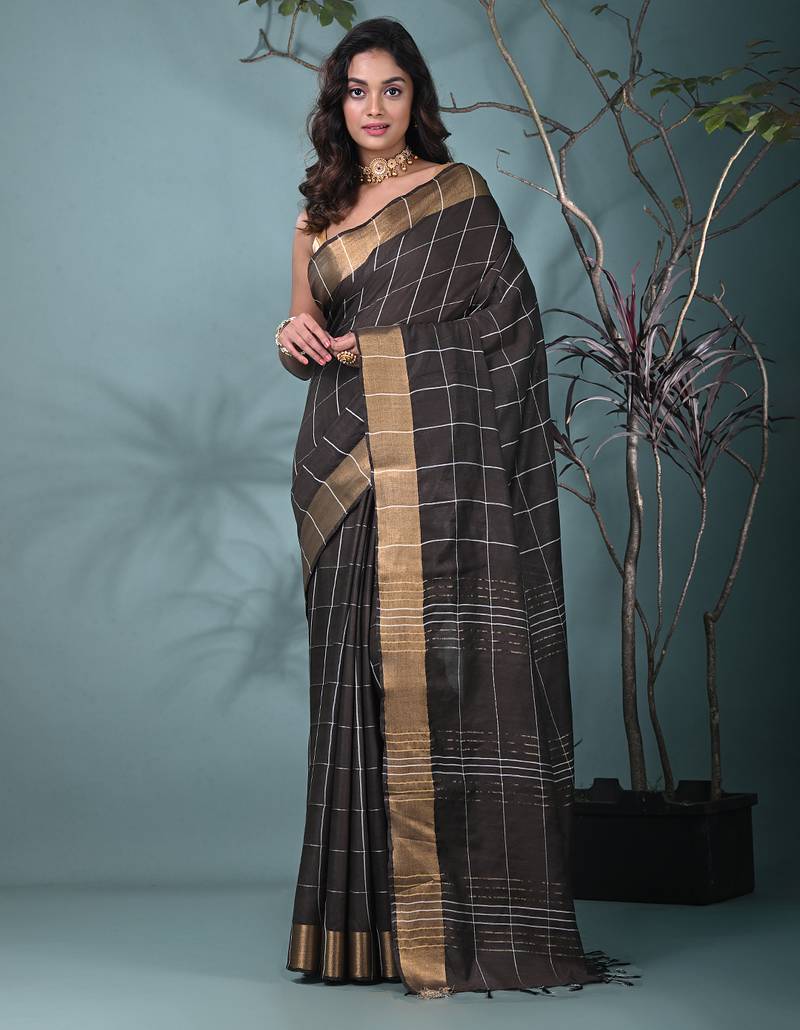 elegant brown art silk saree with checkered design